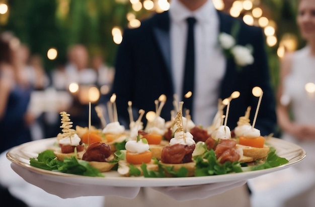 Kelner die voorgerechten op een bord draagt op een feestelijk evenement, een feest of een bruiloftsreceptie