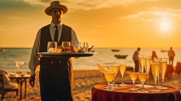 Kelner serveert champagne op een dienblad Zomer strand zonsondergang vakantie Generatieve Ai