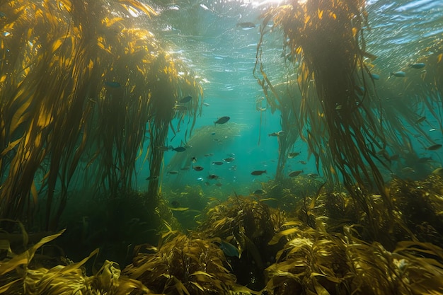 Kelp forest with schools of fish swimming among the fronds created with generative ai