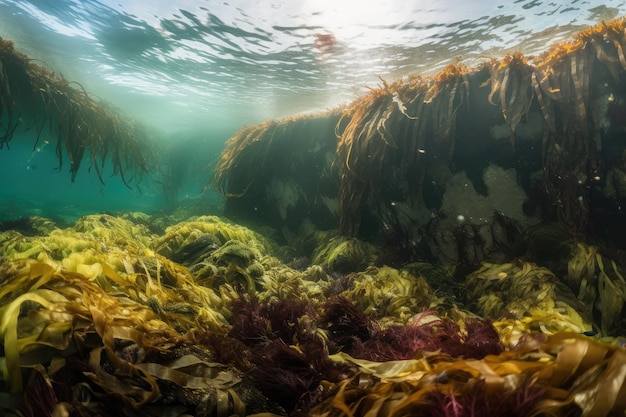 Kelp forest with view of distant colorful reef created with generative ai