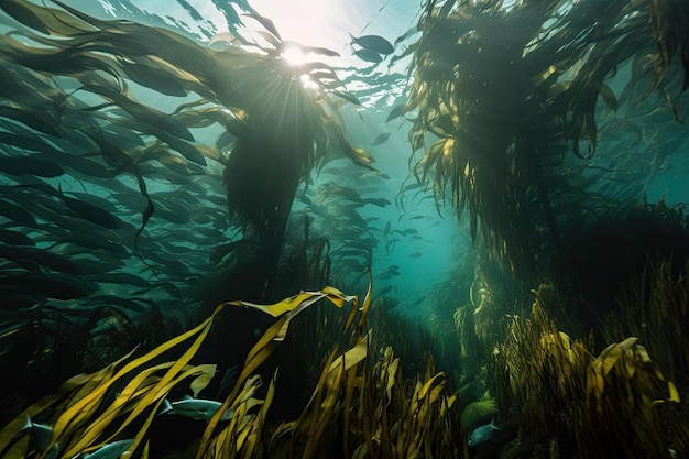 Kelpbos met scholen vissen die zwemmen tussen de bladeren die zijn gemaakt met generatieve AI