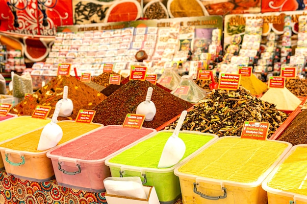 Kemer, Turkey - November 08, 2021: colorful spices and fruit teas at a local bazaar