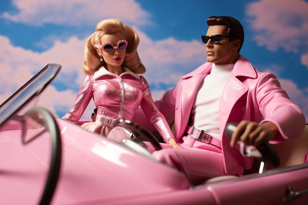 Ken and Barbie driving a car