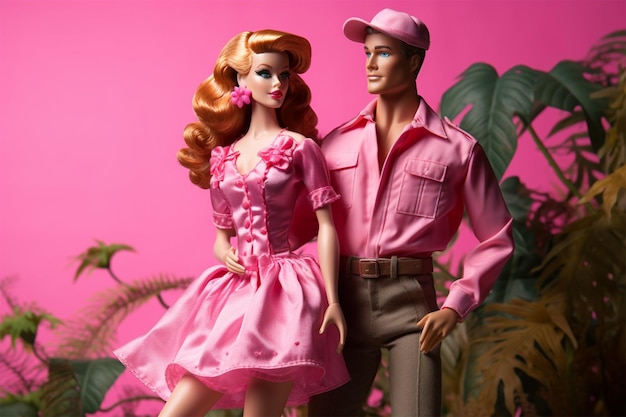 Ken and Barbie wearing pink outfit