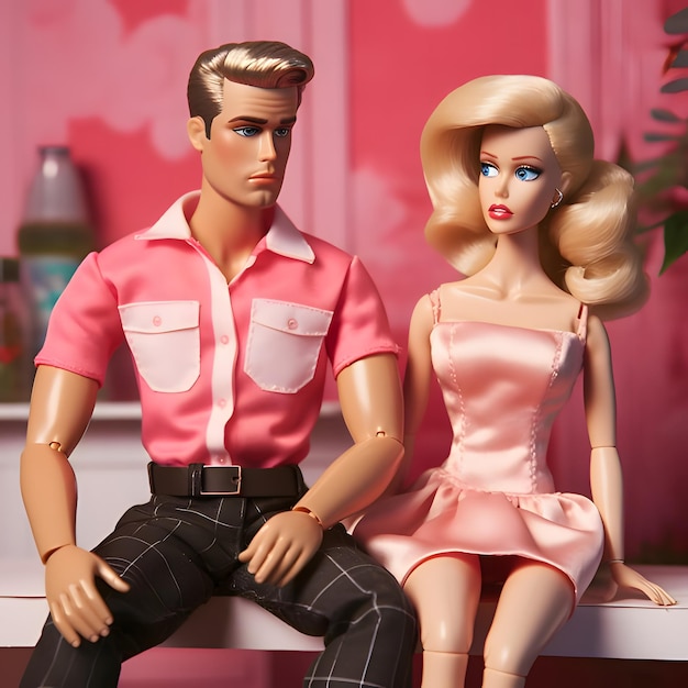 Ken en een bange Barbie zitten op een bankje roze kleding roze achtergrond