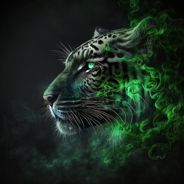 Kennels of muzzle of leopard with green eyes are dissolving in smoke on black Fantastic unusual