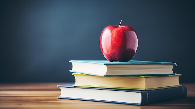 Foto kennis en voeding gestapelde boeken met appel erbovenop