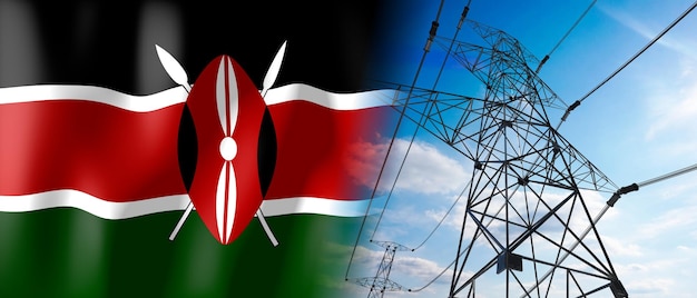 Kenya country flag and electricity pylons 3D illustration