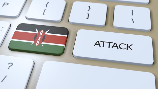 Kenya country national flag and text attack on button war 3d illustration