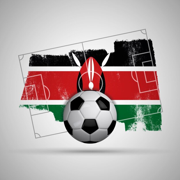 Kenya flag soccer background with grunge flag football pitch and soccer ball