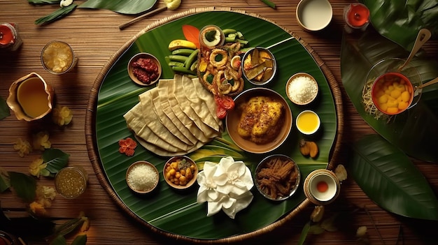 Kerala festival Happy Onam background with traditional food served on banana leaf ai generated