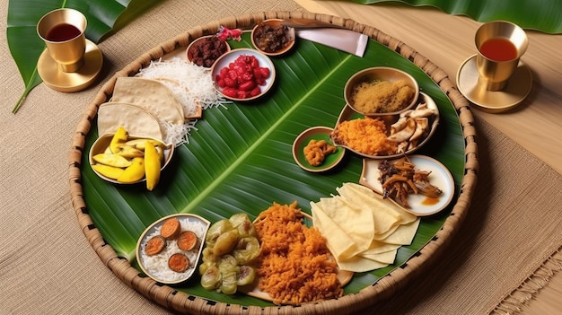 Kerala festival Happy Onam background with traditional food served on banana leaf ai generated