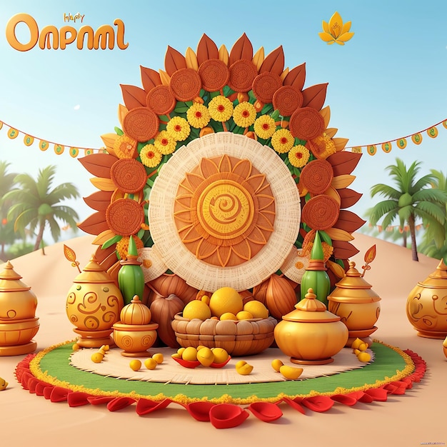Фестиваль в Керале Празднование Happy Onam пожелания поздравительные плакаты изображение 3D-анимационный стиль