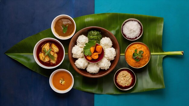 Photo kerala traditional feast side dishes arranged in a two color background with fresh banana leaf