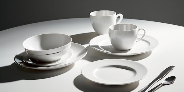 Keramisch servies op een minimalistische eettafel met plaatproducten foto