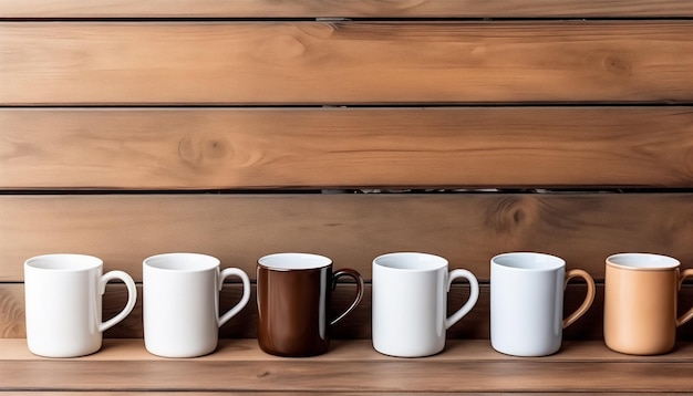 Keramische kuip en beker op een houten bureau met houten achtergrond met kopieerruimte