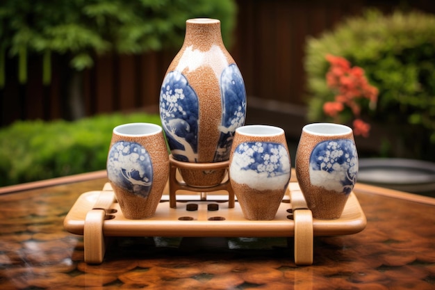 Foto keramische sake op een houten dienblad in de tuin gemaakt met generatieve ai