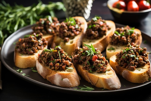 Foto keramische schotel van olijf tapenade bruschettas