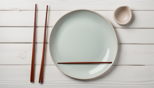 keramische schotelplaat en eetstokjes op een witte houten tafel
