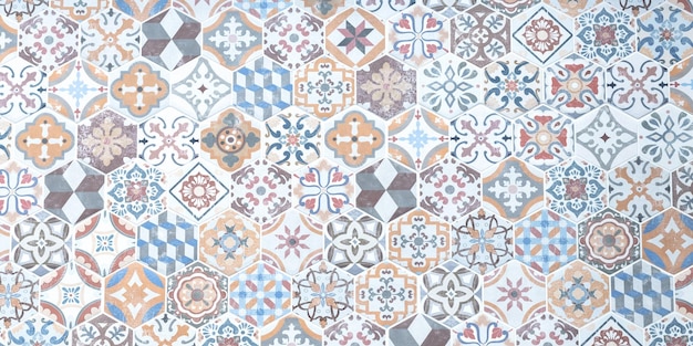 Foto keramische tegel textuur achtergrond in oosterse stijl abstracte mozaïek tegels patroon vintage betegelde vloer oude keramische muur arabisch ontwerp van badkamer