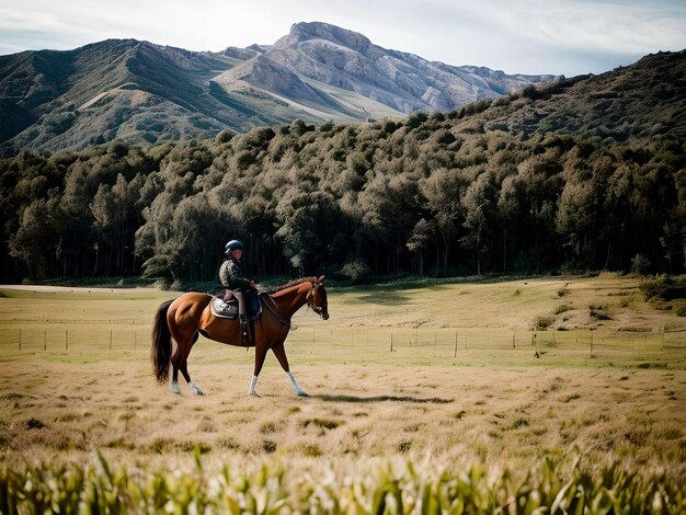 Kerel rijdt op een bruin paard op het veld met bossen en valleien in een mistig landschap