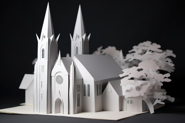 Kerk 3D-modelontwerp met grijze kleur en fancy papierkunst