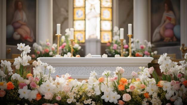 Kerk decoraties Altar versierd met prachtige bloemen AI gegenereerd