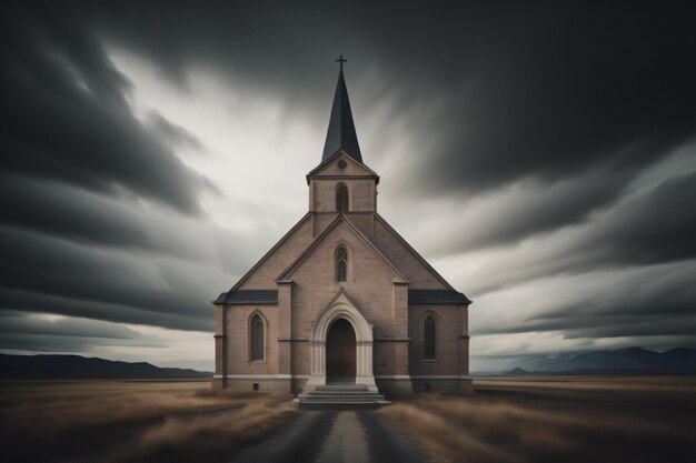 Kerk in het veld met een dramatische hemel generatieve ai