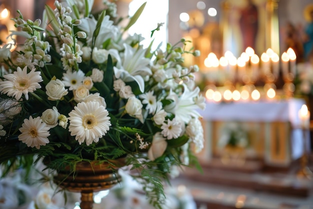 kerk met verse bloemen kaarsen begrafenis ceremonie