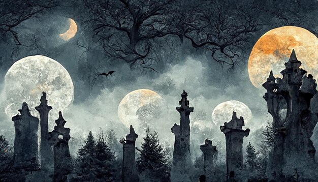 Foto kerkhof begraafplaats naar kasteel in spooky enge donkere nacht volle maan
