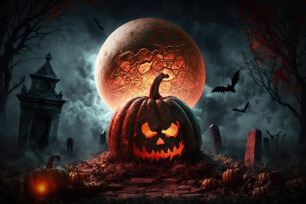 Kerkhofsomberheid met een enorme bloedrode maan Halloween-pompoen op de begraafplaats