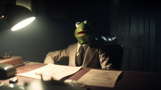 A kermit the frog sits at a desk in a dark room.