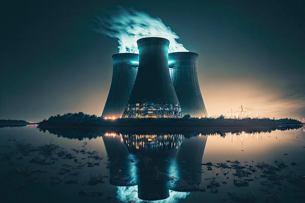 Kerncentrale met kernreactor verlicht door lichten midden in de nacht