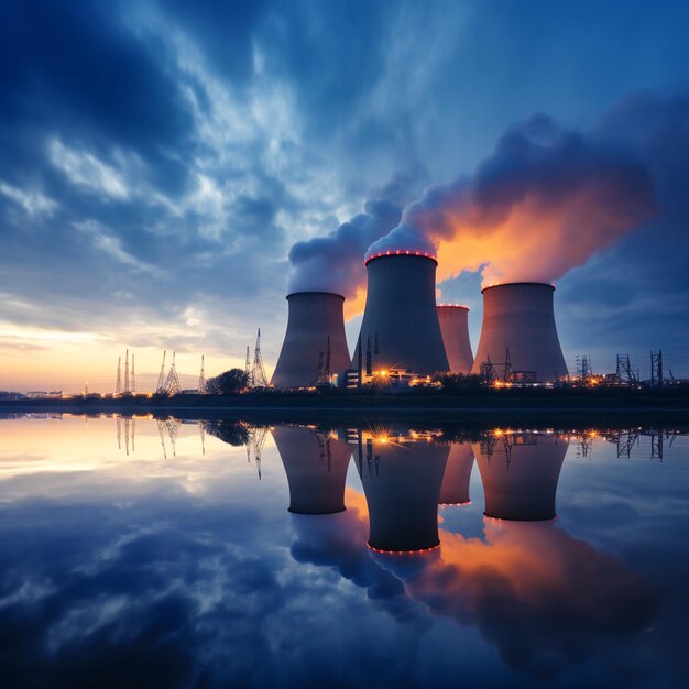 Foto kerncentrale na zonsondergang schemerlandschap met grote schoorstenen