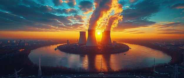 Foto kerncentrale tegen de hemel aan de rivier