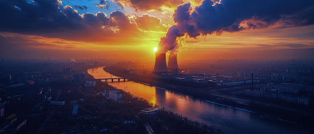 Kerncentrale tegen de hemel aan de rivier