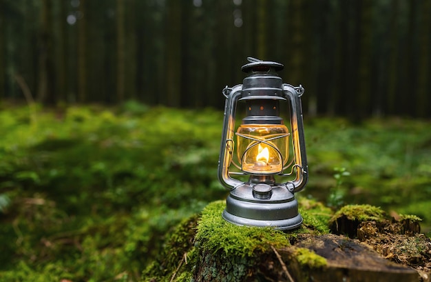 Kerosene lamp or oil lamp used at dusk on a tree trunk in the dark forest with copyspace for your individual text