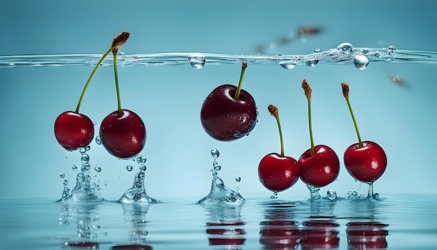 kersen in water met bubbels en een blauwe achtergrond