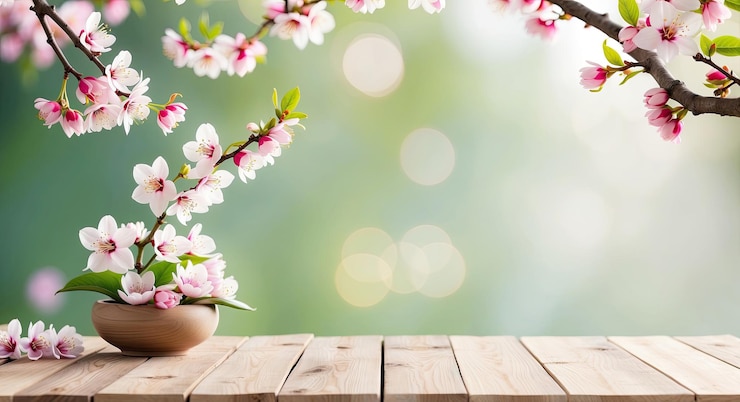 Foto kersenbloesem podium tentoonstelling podium met houten en natuurlijke sakura in volle bloei lente natuur