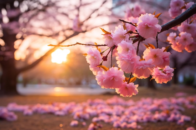 Kersenbloesempark bij zonsondergang