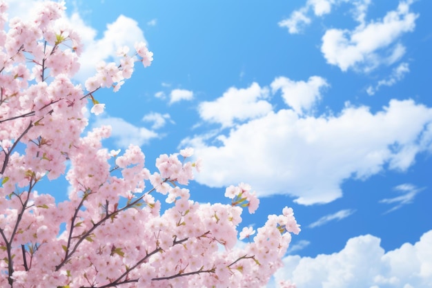 Kersenbloesems blauwe lucht en witte wolken in de heldere zon