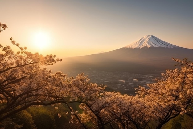 Kersenbloesems en de berg Fuji in de lente bij zonsopgang Shizuoka in Japan