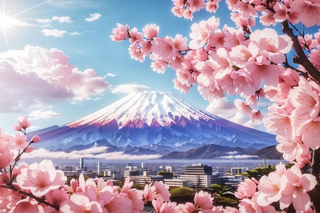 Kersenbloesems en de berg Fuji in de lente bij zonsopgang