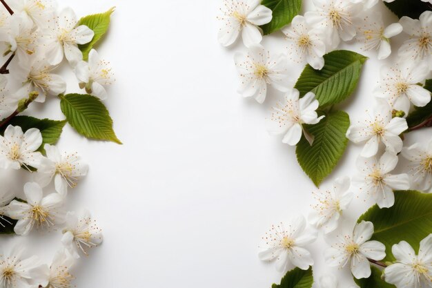 Kersenbloesems omringen een open ruimte met weelderige groene bladeren op een heldere achtergrond die de lente symboliseert.