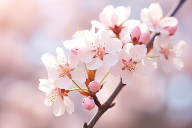 Kersenbloesems op bokeh achtergrond Banner met bloemen op lichtroze achtergrond Groetekaart sjabloon voor bruiloften moeders of Women39s dag Ai gegenereerd