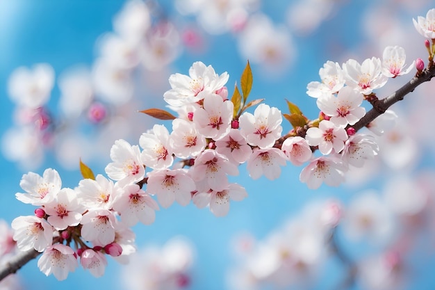 Kersenboom bloesem close-up shot wazig blauwe hemelachtergrond