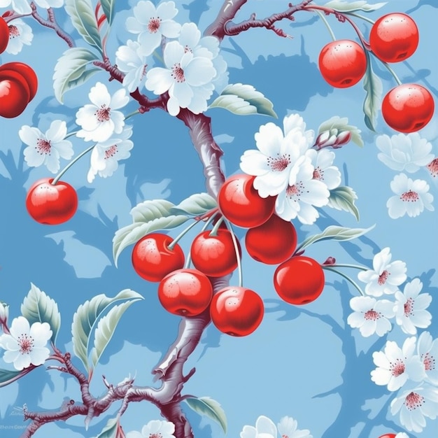 kersenboom met kersenbloesems en witte bloemen op een blauwe generatieve ai als achtergrond