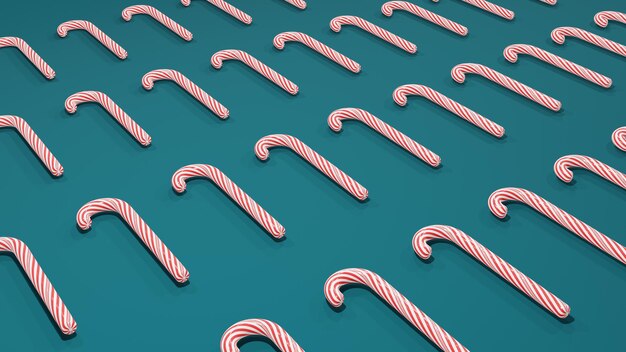 Kerst 3D-fotografie van zoete snoepstokjes met rode strepen op blauwe achtergrond