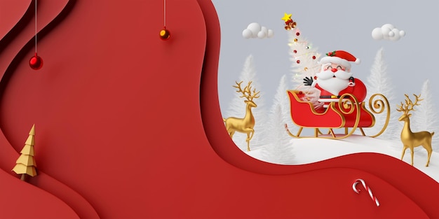 Kerst 3d illustratie papier gesneden stijl Kerstman met slee dragende kerstboom