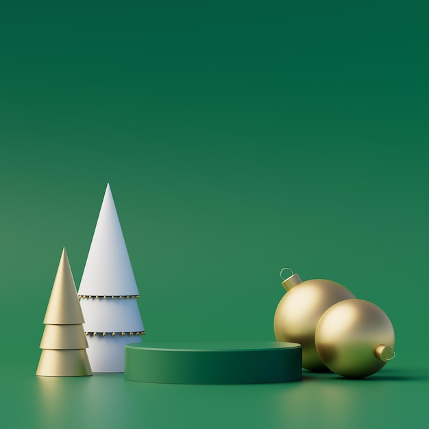 Kerst achtergrond concept met 3d podium voor productpresentatie Groen en goud geometrisch object op groene achtergrond 3d illustratie